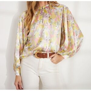 Lolita Pastel Abstract Floral Balloon Sleeve Blouse Size Large NWT